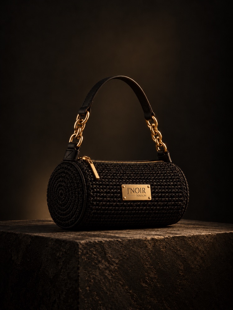 The Barrel mini evening bag in black crochet with gold chain