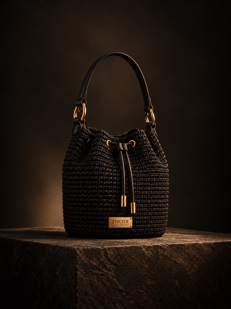 Gateau drawstring bucket bag in black crochet with gold aglets