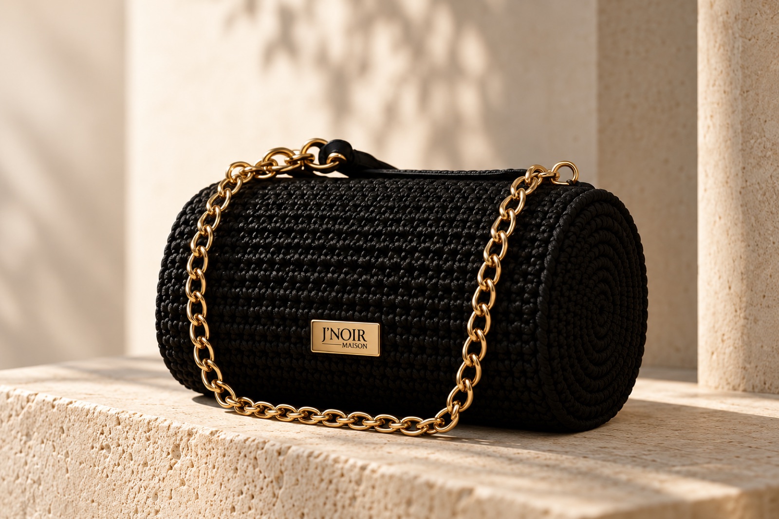 J'Noir Maison barrel bag in black macramé with gold chain on stone surface