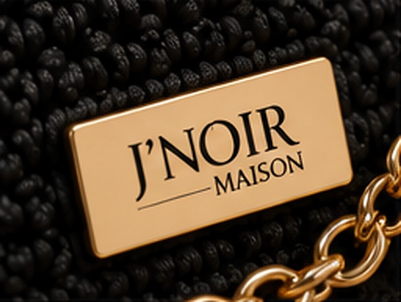 J'Noir Maison gold plaque close-up on black macramé with gold chain